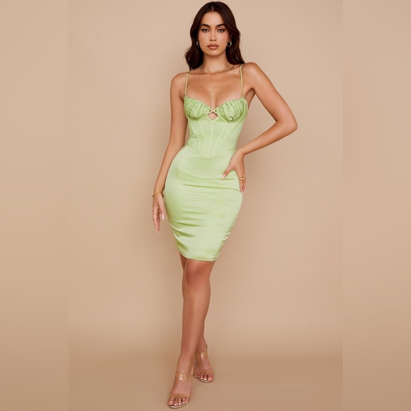 House of CB Nathalia Midi Dress Satin Pistachio Green Size Large - Picture 14 of 16